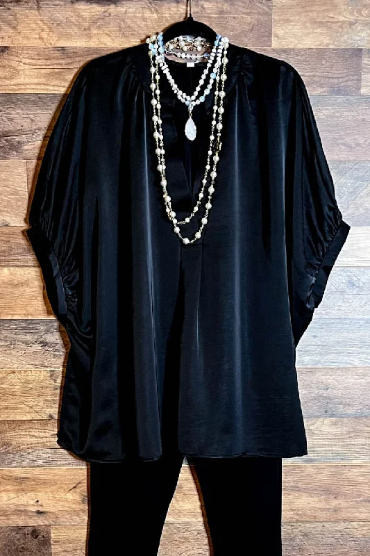 GLAMOROUS CELEBRATION BLACK SATIN COMFY OVERSIZED TUNIC