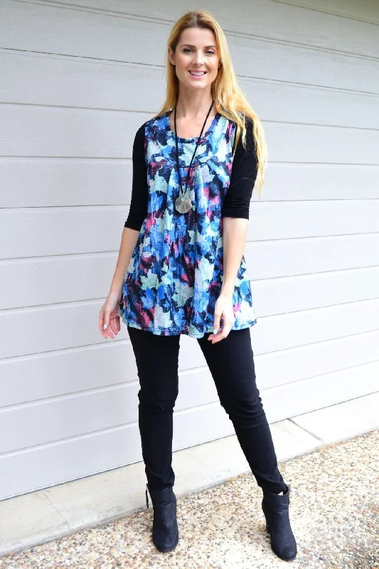 Blue Maple Leaf Sleeveless Fleece Tunic Top