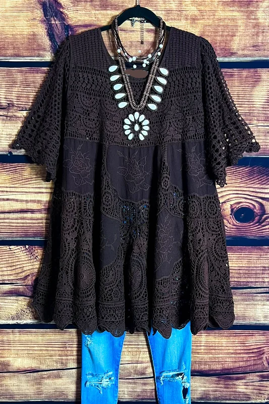 A FAIRYTALE PRETTY UNIQUE BROWN 100% COTTON CROCHET LACE TUNIC