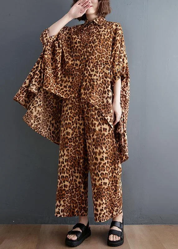 Leopard Chiffon Two Piece Irregular Shirt Wide Leg Capris