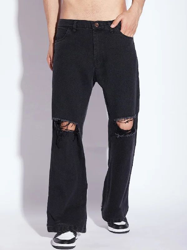 Men's Jeans for a Dressy OccasionBlack Knee Ripped Flared Denim