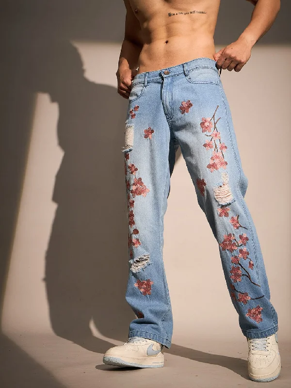 Baggy Men's JeansIce Tint Cherry Blossom Straight Fit Denim