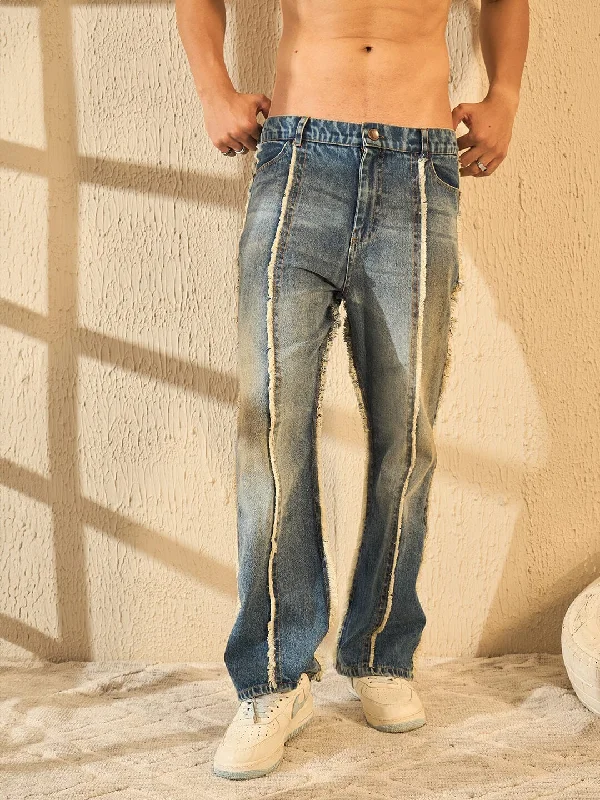 Cool Men's JeansBlue Frayed Wide Leg Denim