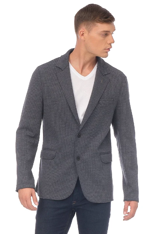 Cotton Blend Houndstooth Knit Blazer - Navy