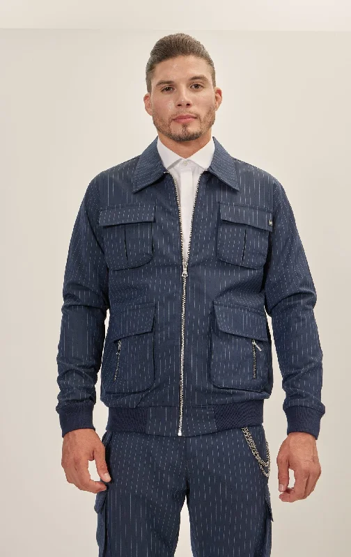 Pinstriped Cargo Jacket - Navy White