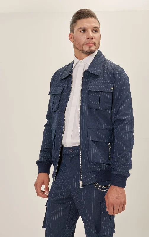 Pinstriped Cargo Jacket - Navy White