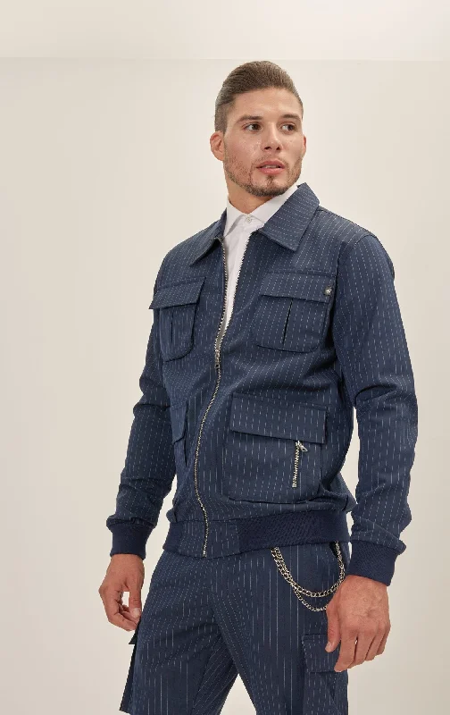 Pinstriped Cargo Jacket - Navy White