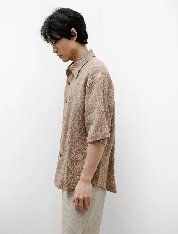 Linen Silk Tweed Half Sleeve Shirt Brown