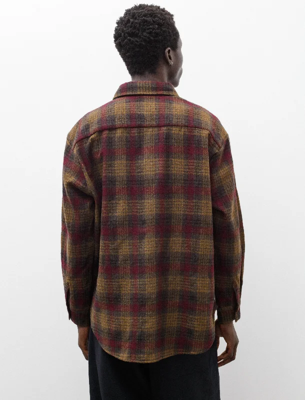 Big Shirt Wool Gauze Check Dark Olive Burgundy