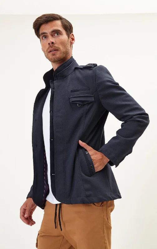 Epaulette Shoulder Stand Collar Jacket  - Navy