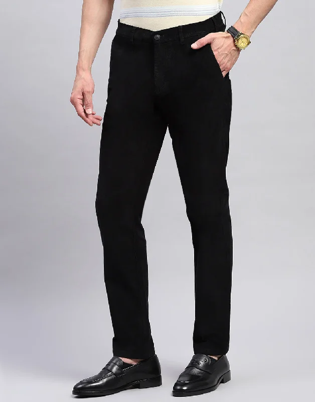 Men Black Solid Regular Fit Trouser