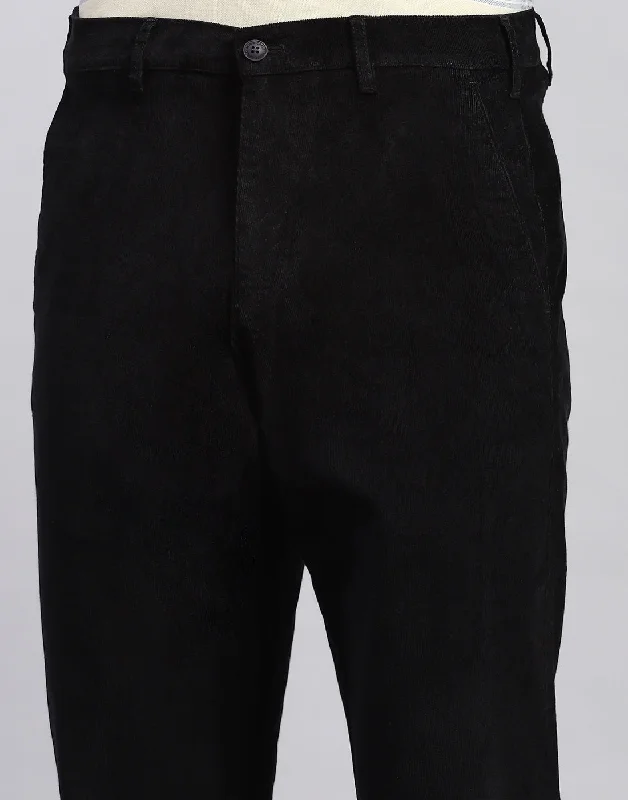 Men Black Solid Regular Fit Trouser