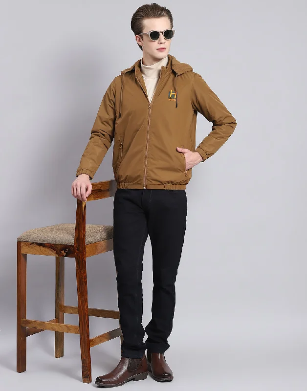 Men Brown Solid Hooded Full Sleeve Jacket