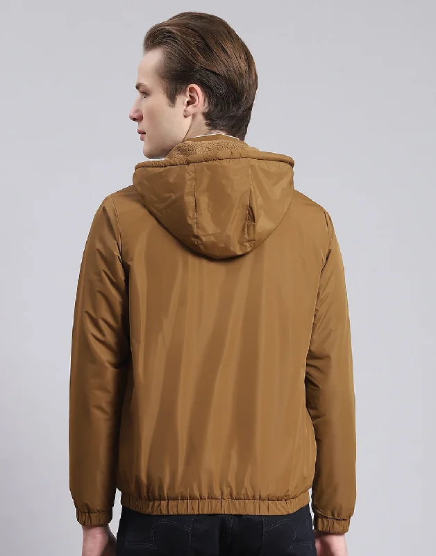 Men Brown Solid Hooded Full Sleeve Jacket