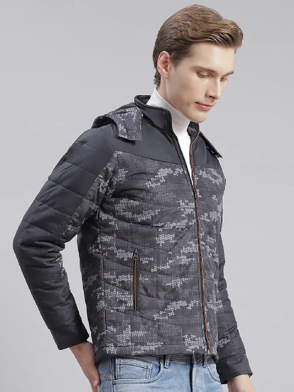 Men Grey Printed Hooded Full Sleeve Jackets