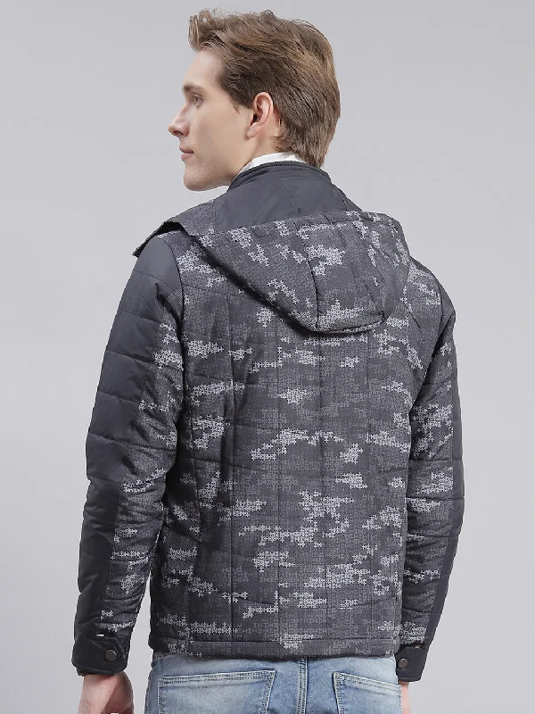 Men Grey Printed Hooded Full Sleeve Jackets