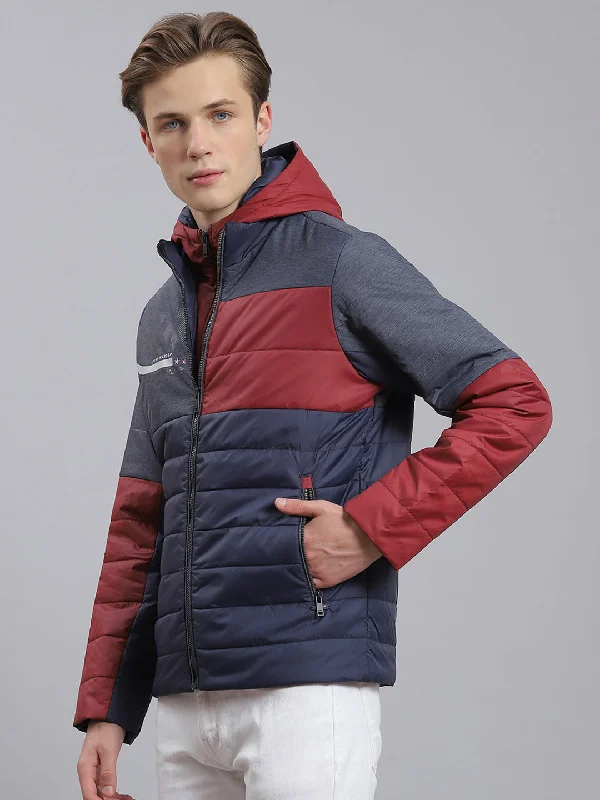 Men Navy Blue Solid Hooded Full Sleeve Jacket