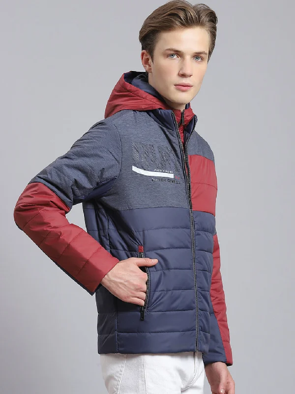 Men Navy Blue Solid Hooded Full Sleeve Jacket