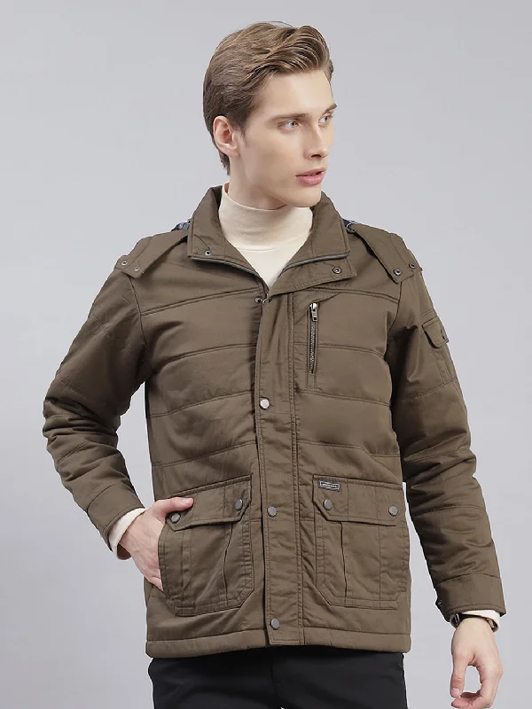 Men Olive Solid Hooded Full Sleeve Jackets