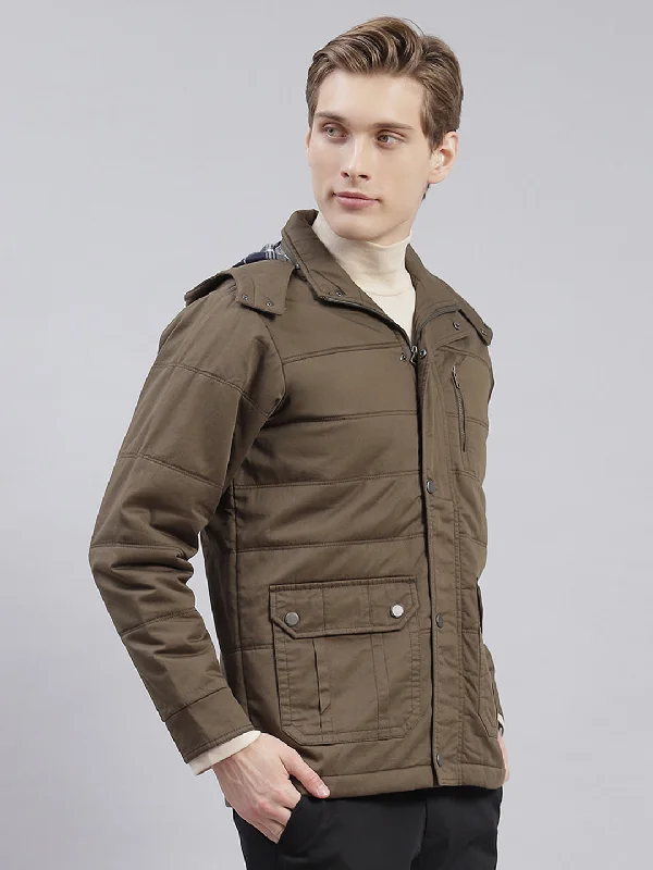 Men Olive Solid Hooded Full Sleeve Jackets