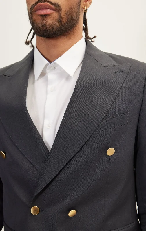 Vintage Gold Button Super 110S Wool Double Breasted Blazer - Black