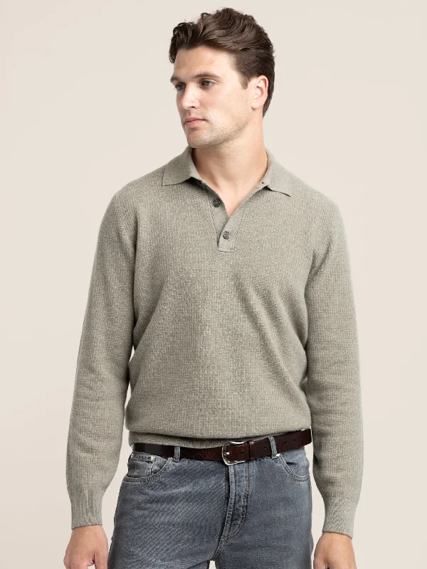 Olive Green Cashmere Waffle Stitch Knit Polo