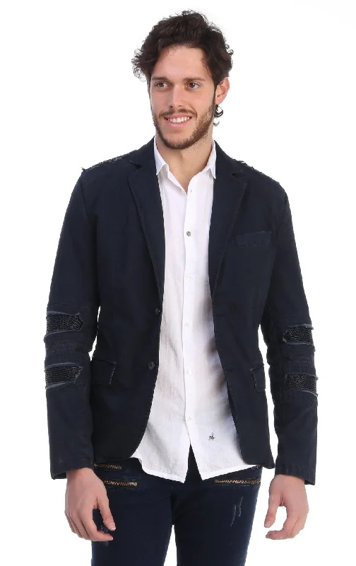 RIPPED PATCHED SLIM FIT MOTORCYCLE JACKET - NAVY