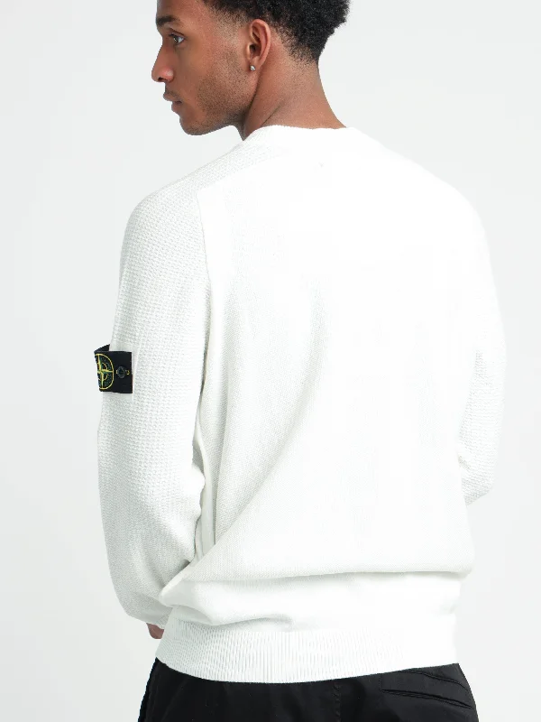 White Sleeve-Ribbed Crewneck Knit