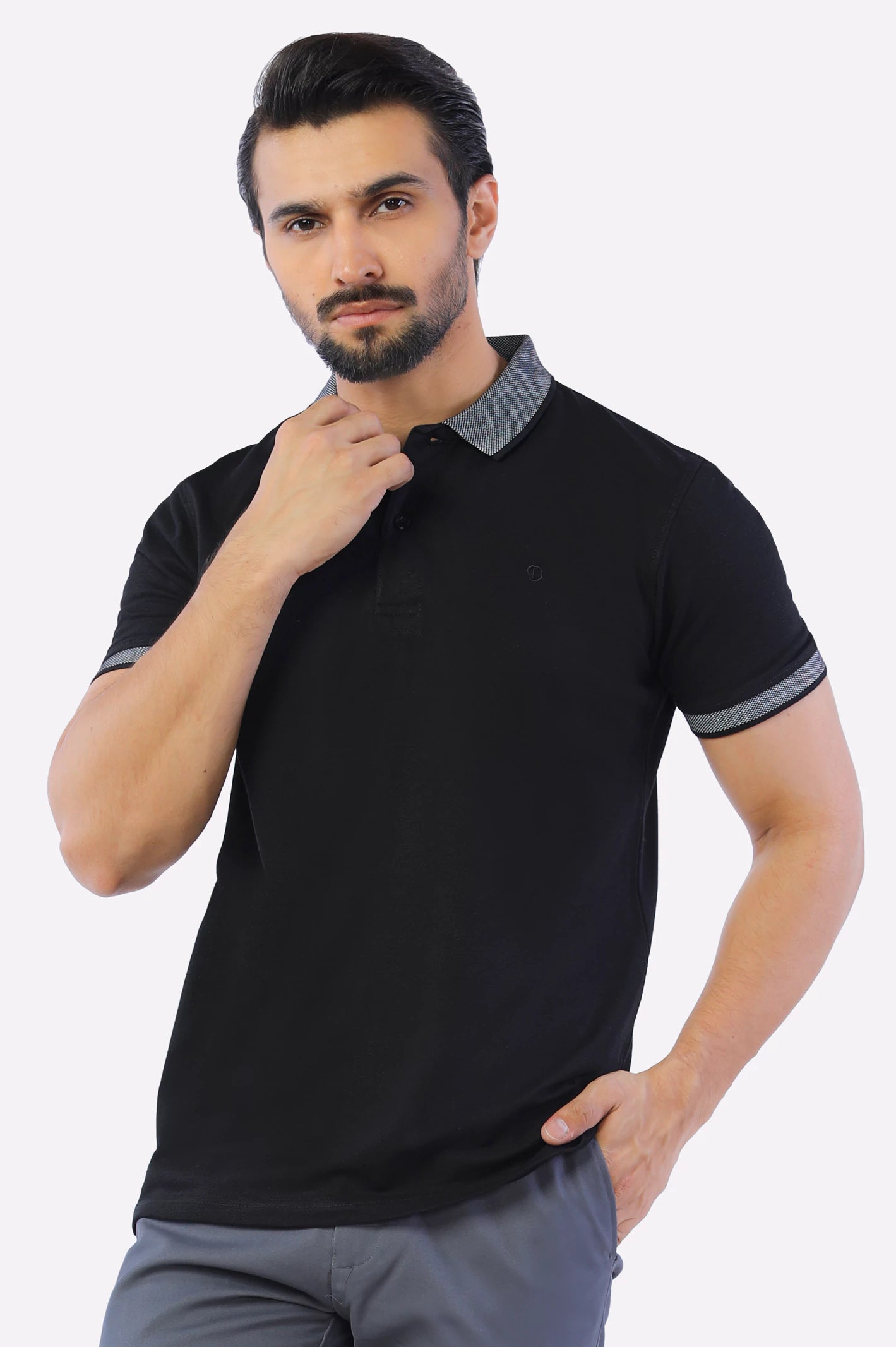 Black Jacquard Collar Polo