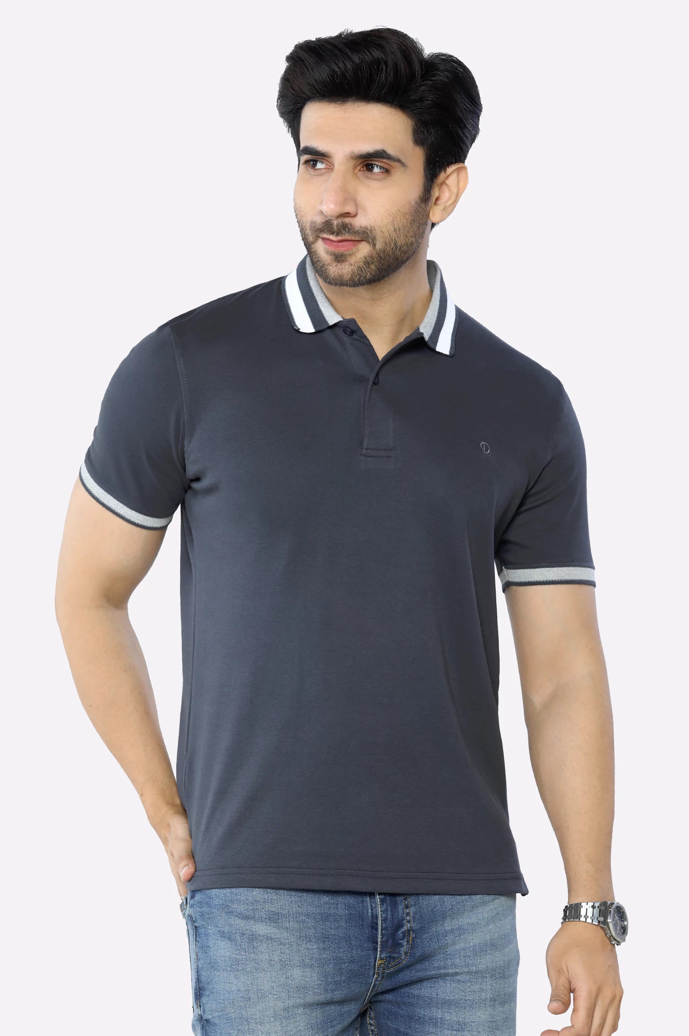 Grey Jacquard Collar Polo