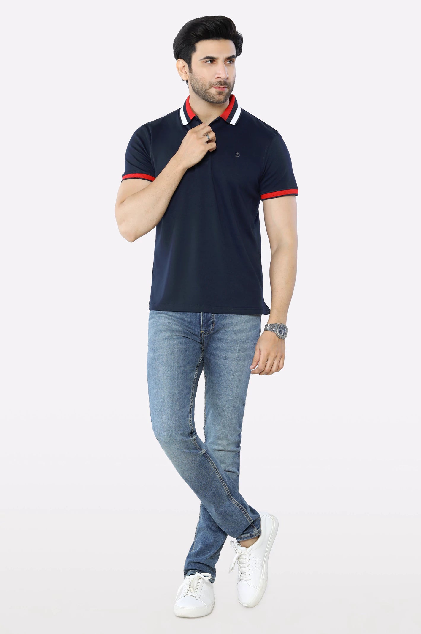 Navy Blue Jacquard Collar Polo