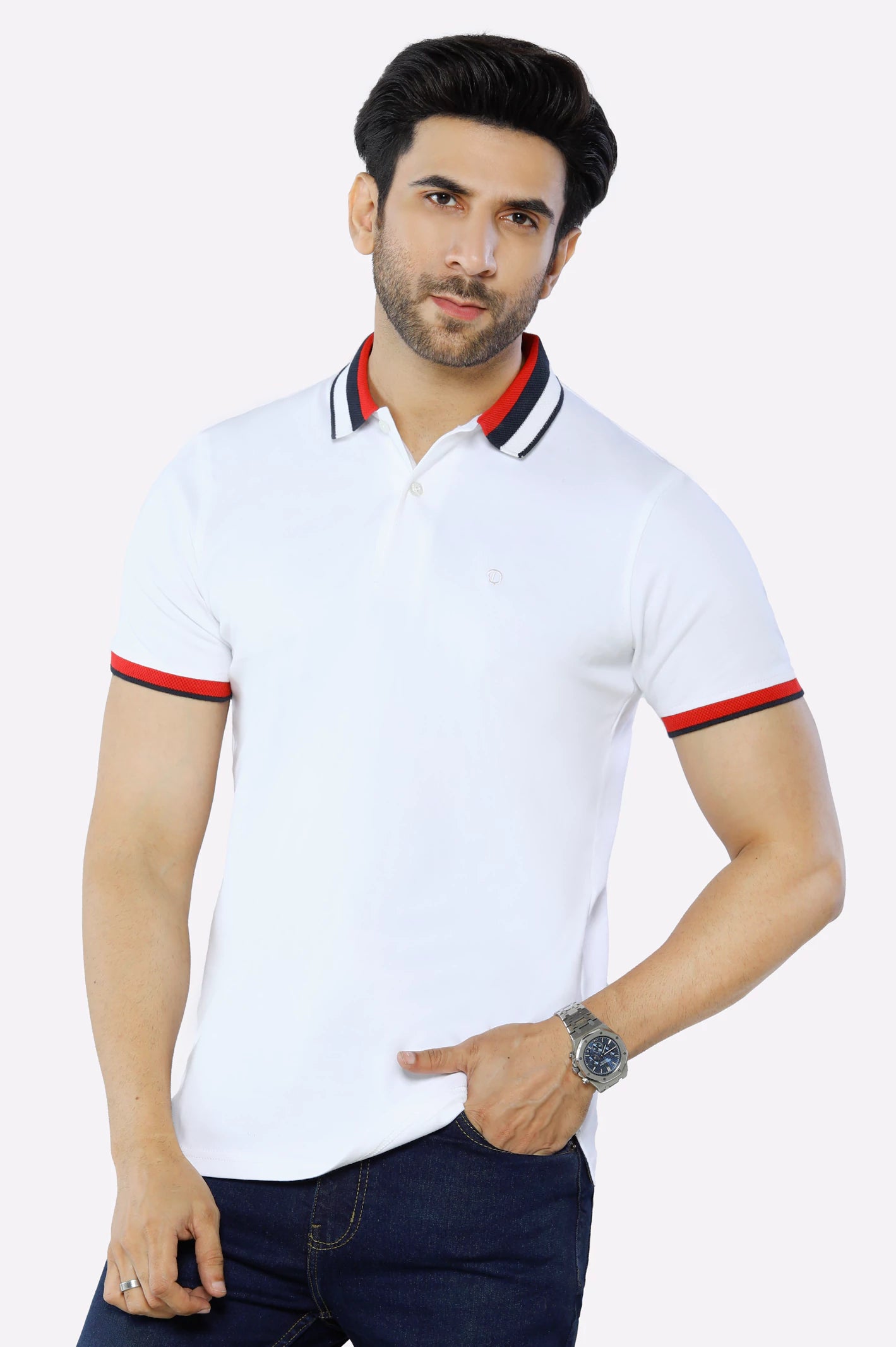 White Jacquard Collar Polo