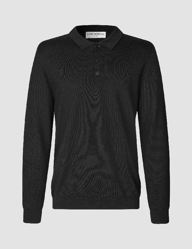 Premium Merino Long Sleeve Polo Black